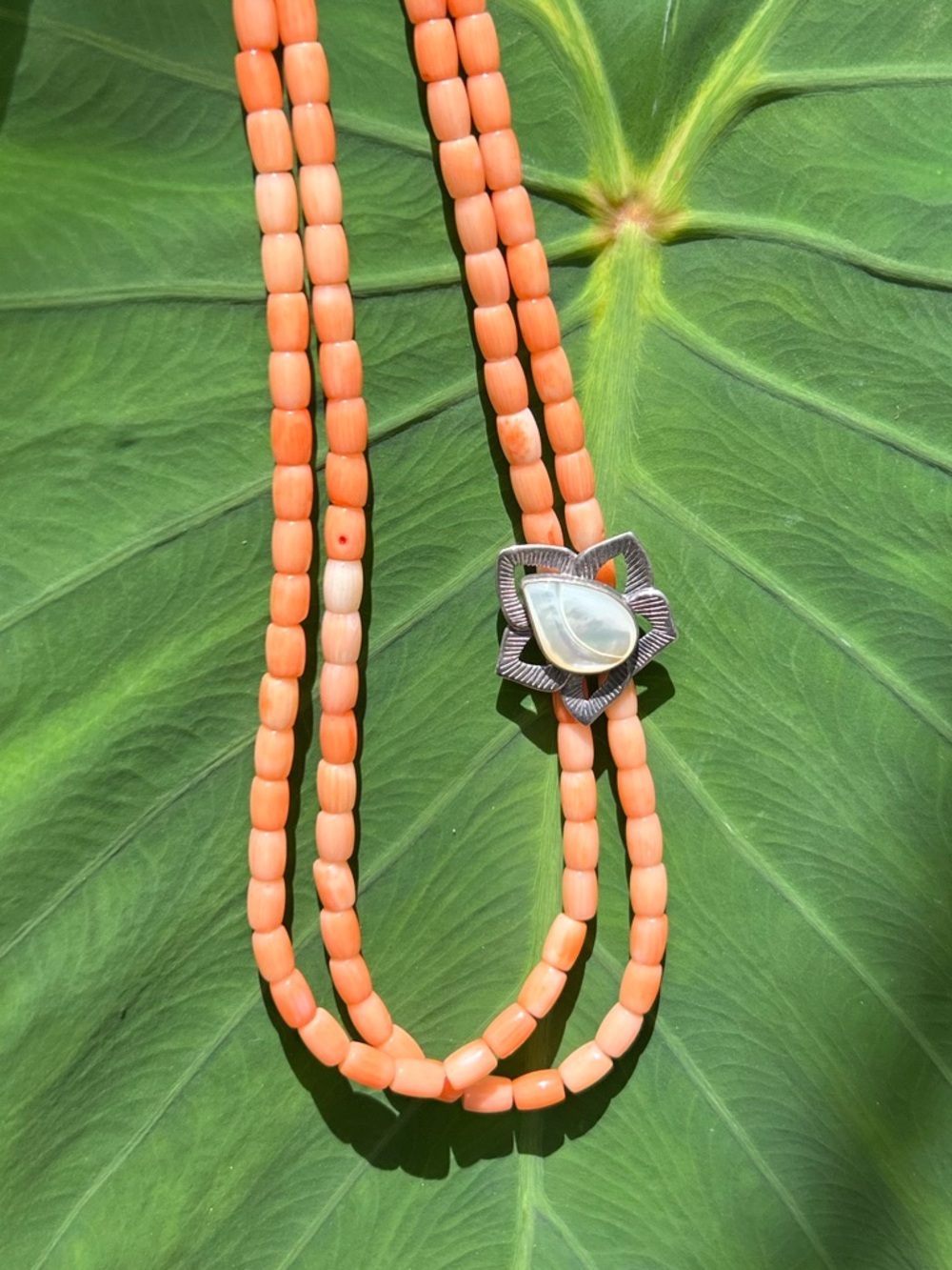 Sterling silver 2strands orange coral tube beads MOP flower pendant necklace